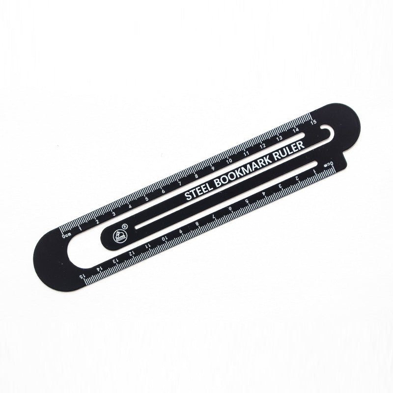 Black hollow steel bookmark ruler with 12 cm measuring scale and loop handle.