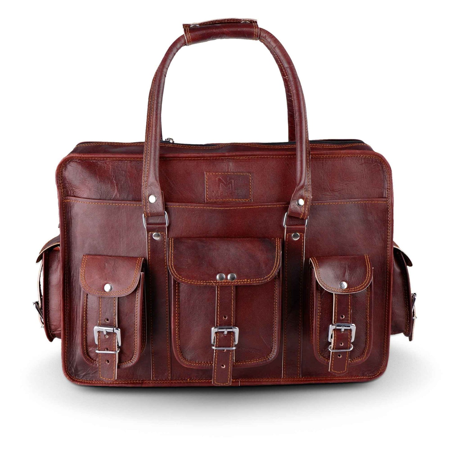 Dark brown leather executive briefcase with front organizer pockets and metal buckles