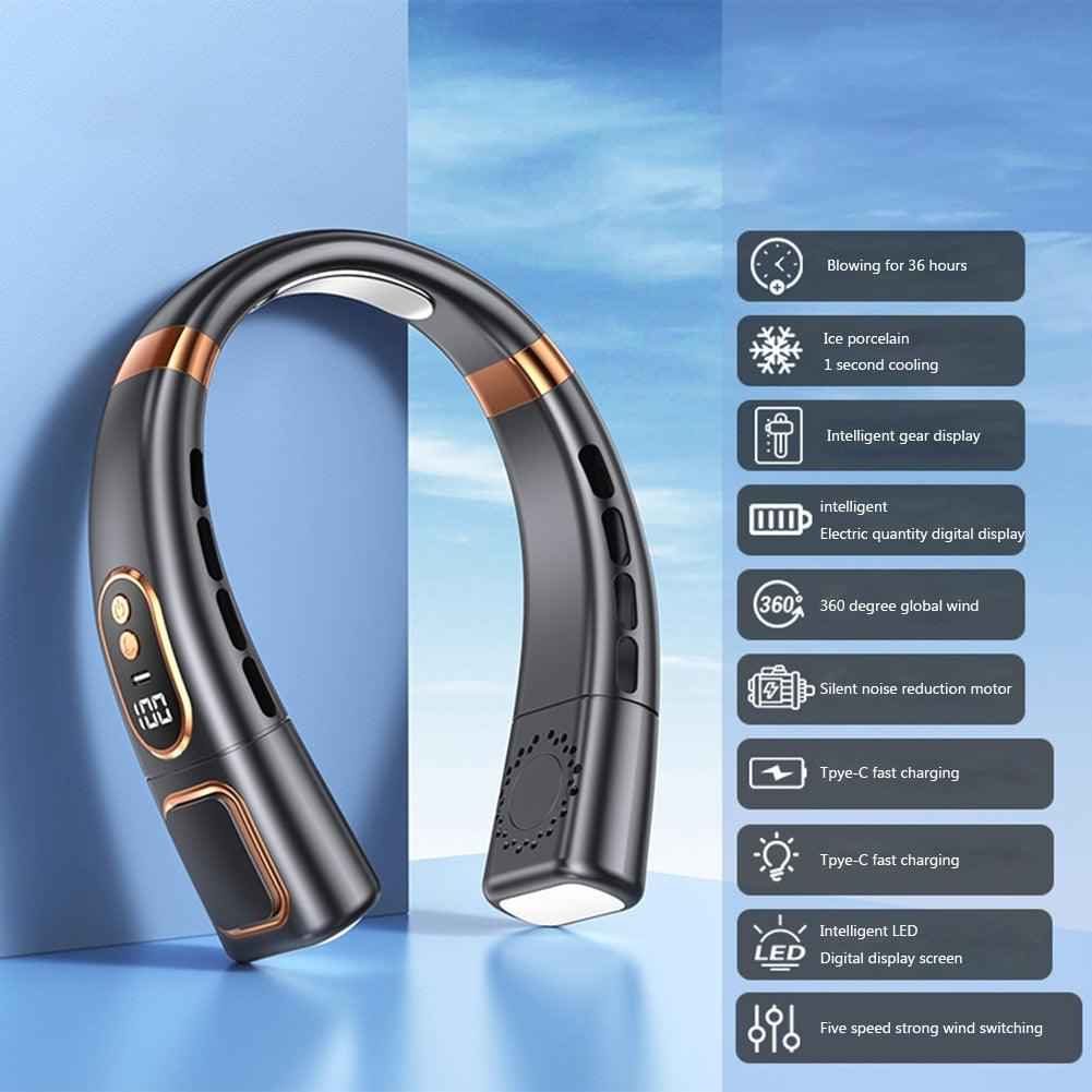 Hands-free neck fan with LED light, black with copper accents and controls