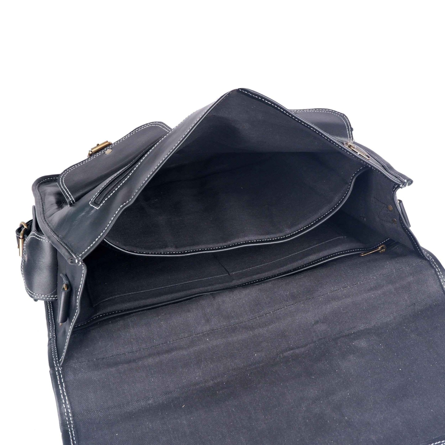Open black leather messenger bag showing interior compartment and inner flap