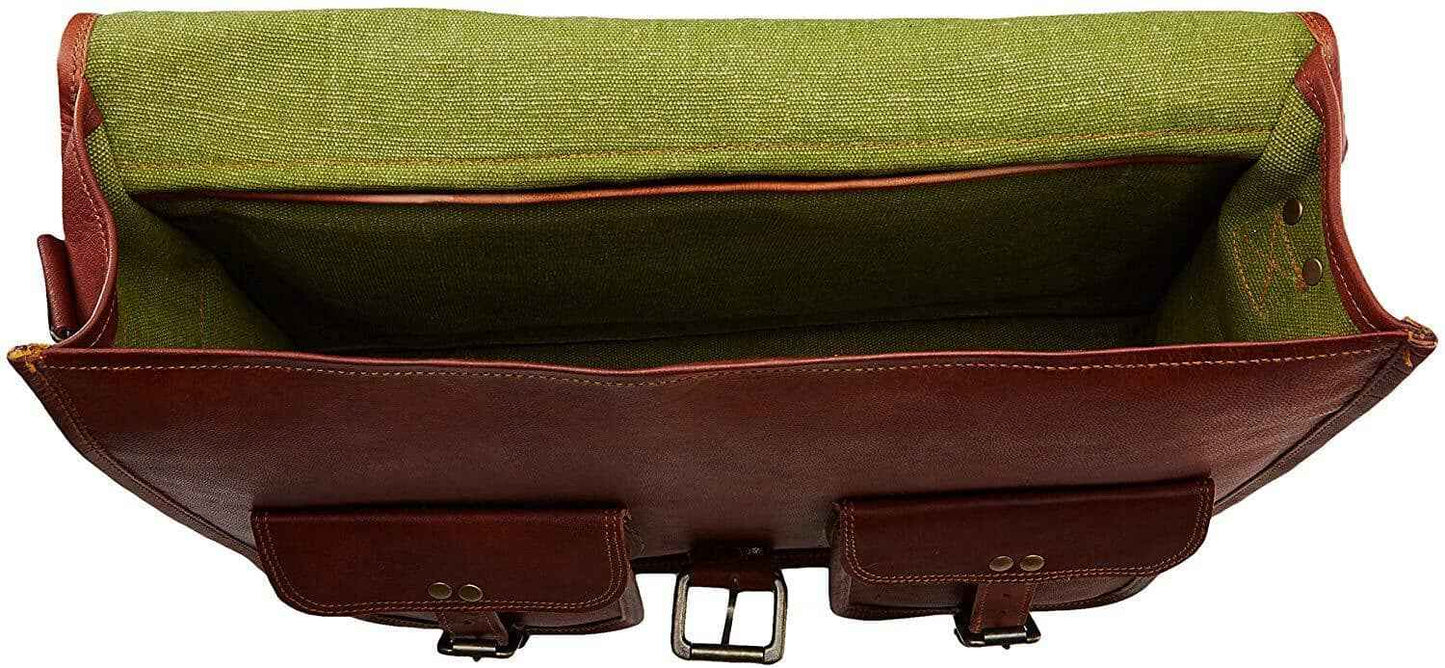 Leather messenger bag interior with green lining and brown flap pockets