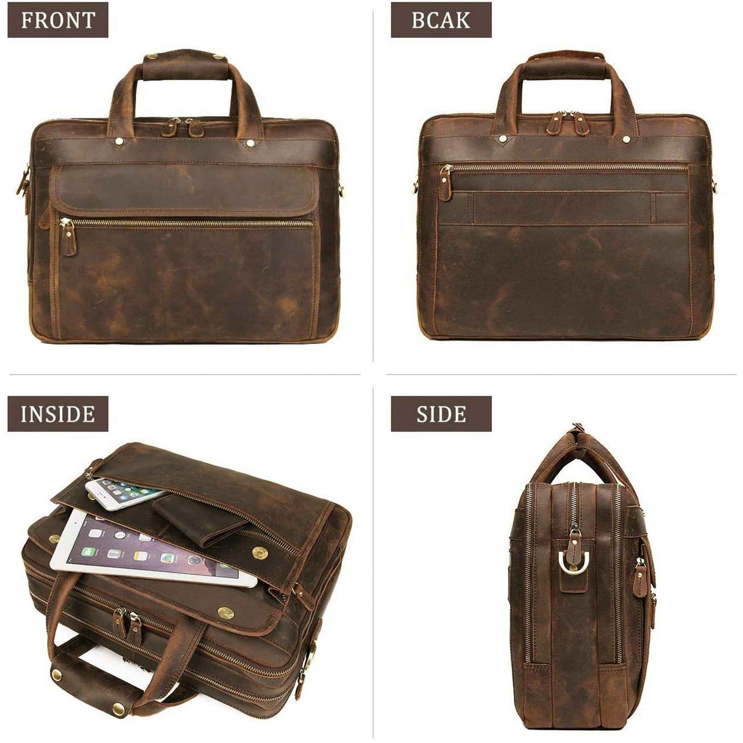 Brown leather briefcase with front and back panels, side handle, and interior slots