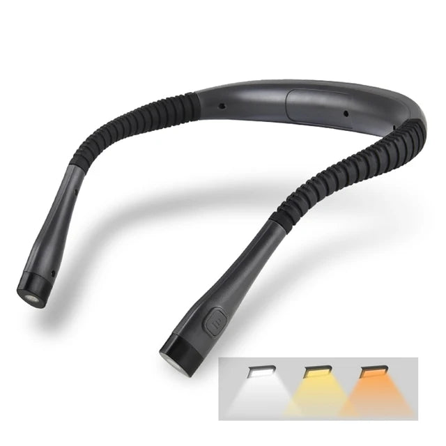 Black hands-free neck reading light with textured neck strap and LED strip