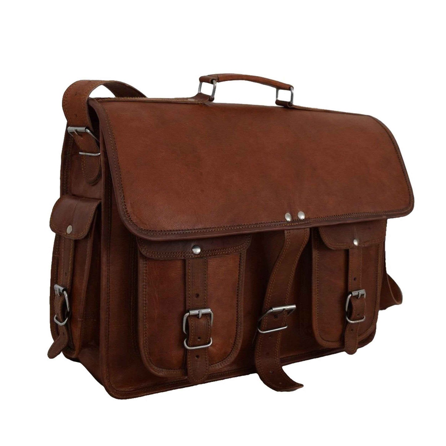 Full-grain leather messenger backpack with side pockets, flap closure, and top handle