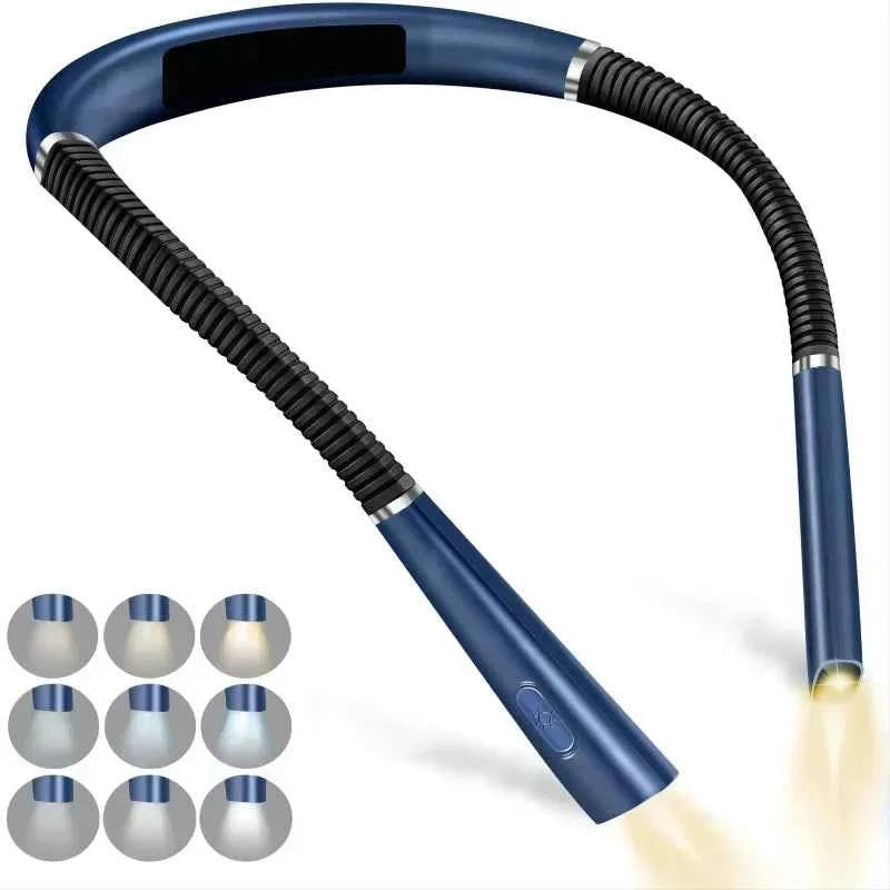 Hands-free neck reading light in blue with flexible ribbed neck and LED bar