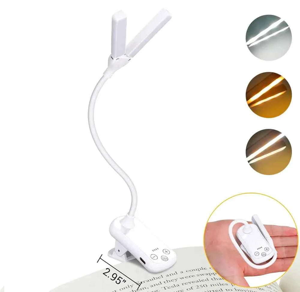 White LED clip-on book light with dual heads and handheld remote for control