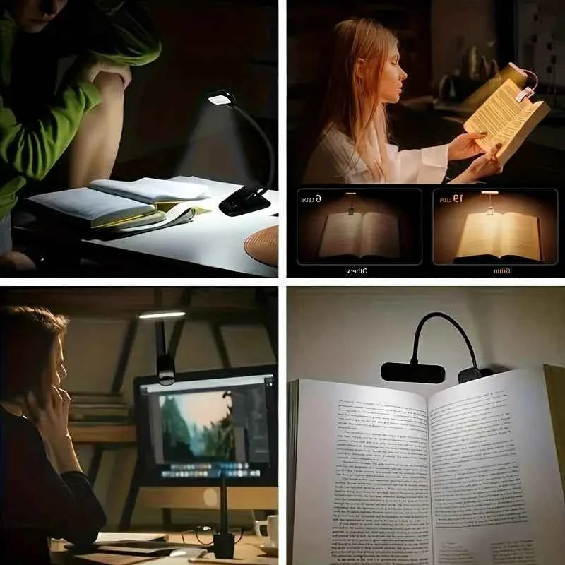 LED clip-on reading lamp illuminating an open book on a desk