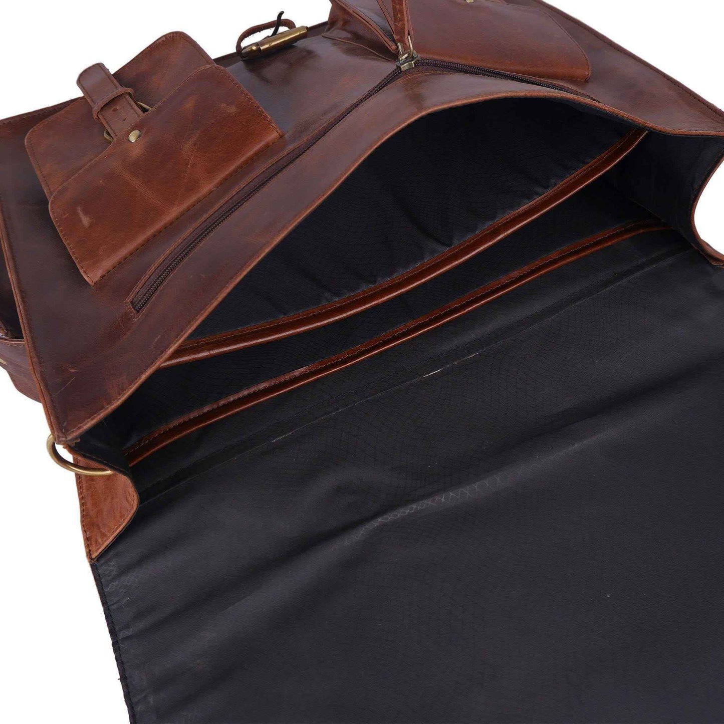 Open brown leather messenger bag showing inner fabric lining and zip pocket