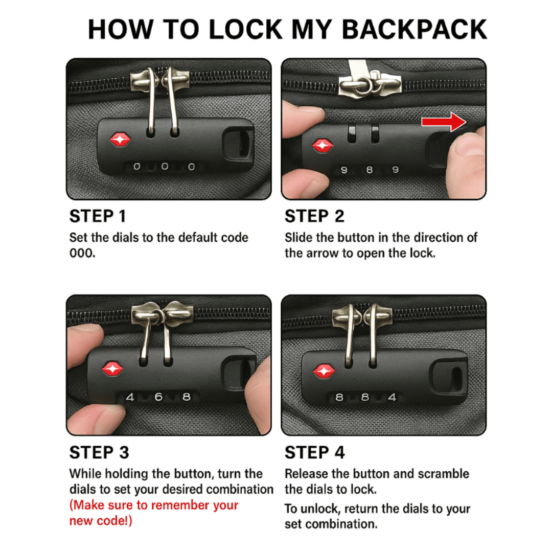 Anti-theft combination lock dials on black backpack front panel