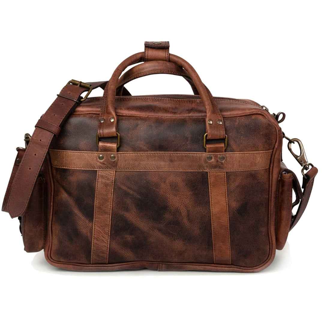 Brown leather pilot briefcase with two front compartments, top handle and crossbody strap