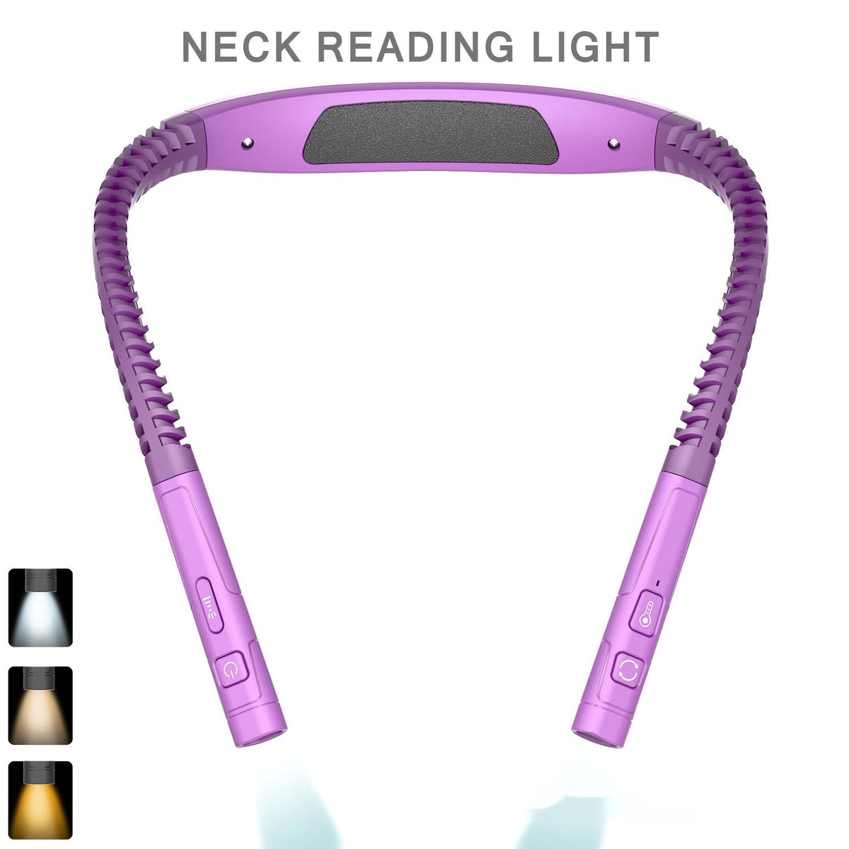 Violet LED neck reading lamp with flexible neckband and two light modules.
