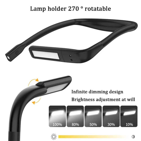 Black hands-free neck reading light with slim LED panel and adjustable headband