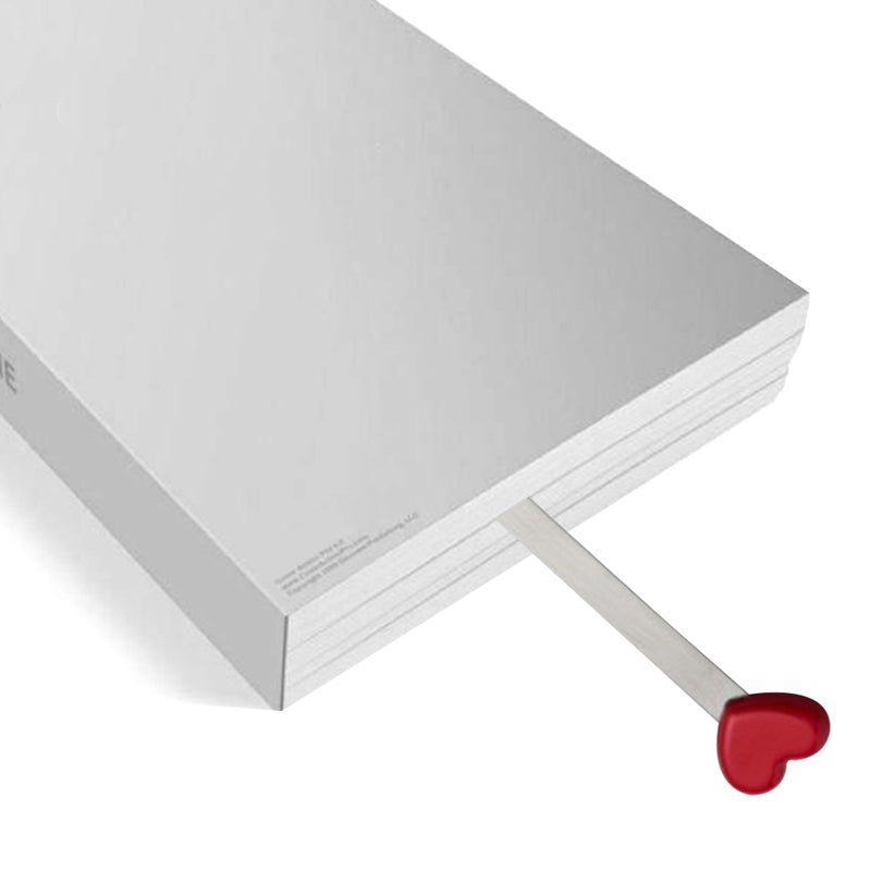 Silver metal bookmark with red heart end and flat strip handle
