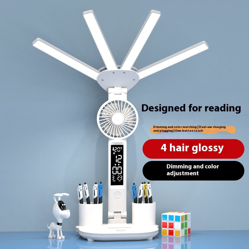 White desk lamp with folding fan and LED arms, digital clock display, reading illumination