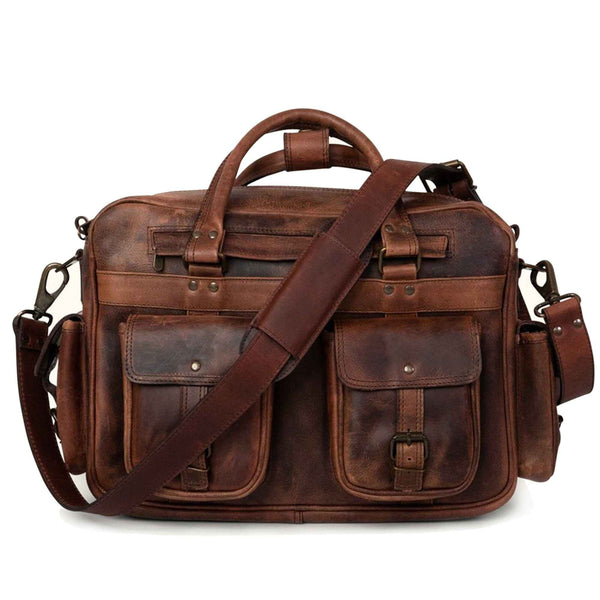 Brown leather pilot briefcase with dual front pockets and adjustable shoulder strap