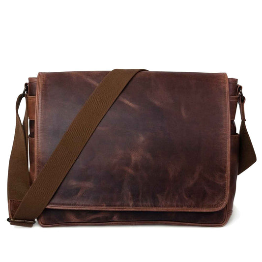 Brown leather messenger bag with flap front and adjustable crossbody strap.