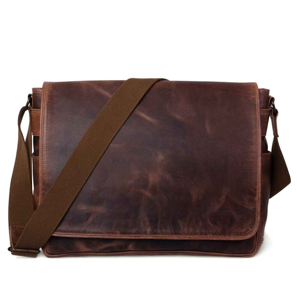 Brown leather messenger bag with flap front and adjustable crossbody strap.