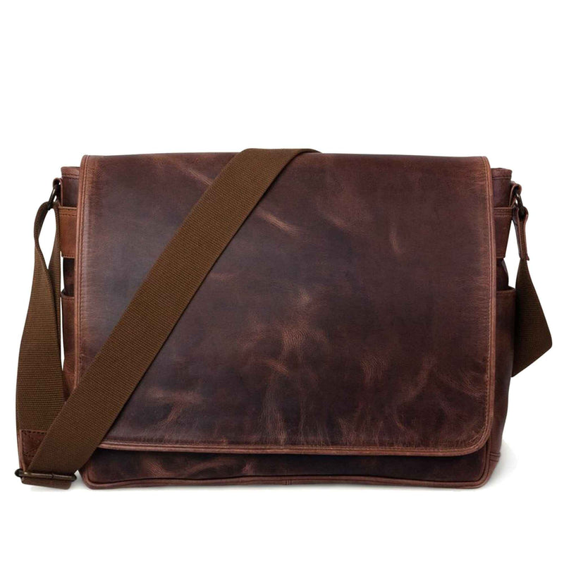 Brown leather messenger bag with flap front and adjustable crossbody strap.