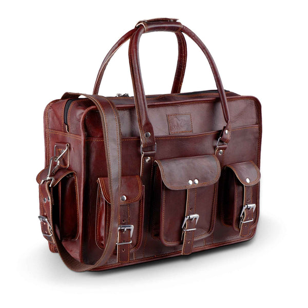 Dark brown full-grain leather executive briefcase with two front strap pockets and buckles