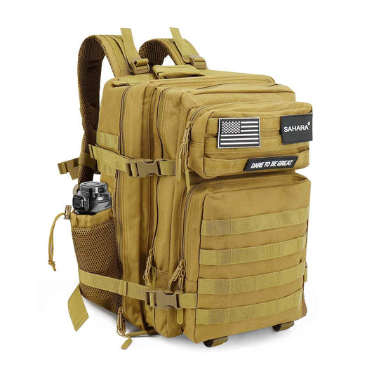 Tactical laptop backpack in khaki with front patch, MOLLE webbing, and padded straps