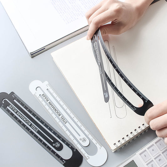 Steel bookmark ruler set, black and white hollow 12 cm rulers with measuring scale.