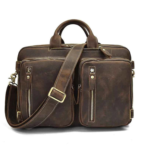 Brown leather 2-in-1 briefcase with top handle, front zip pockets, and shoulder strap