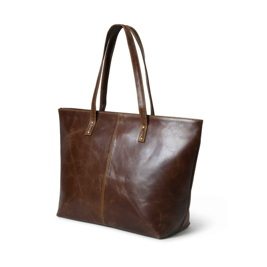 Dark brown leather tote bag with two top handles and gold-tone rivets