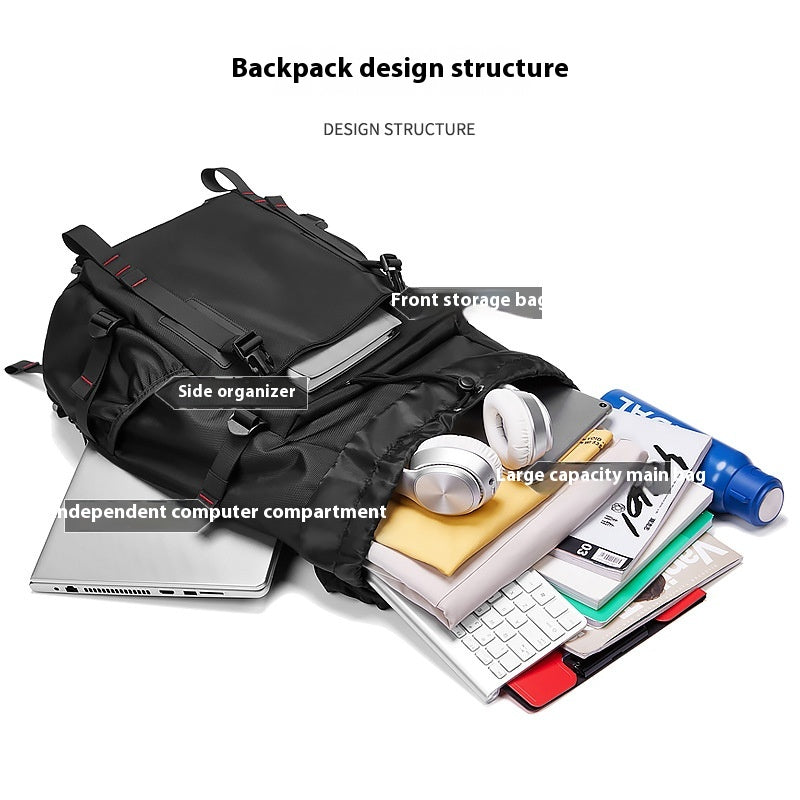 Black hiking backpack with side organizer and main compartment fully laid out