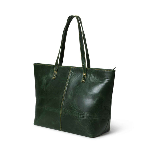 Green leather tote bag with square base and two top handles.