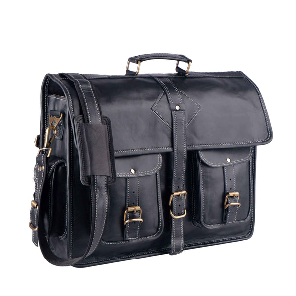 Black leather messenger bag with top handle, flap, and buckle front pockets