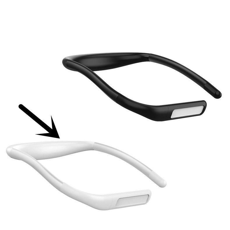 Hands-free neck reading light, black and white options with curved neck and LED bar.