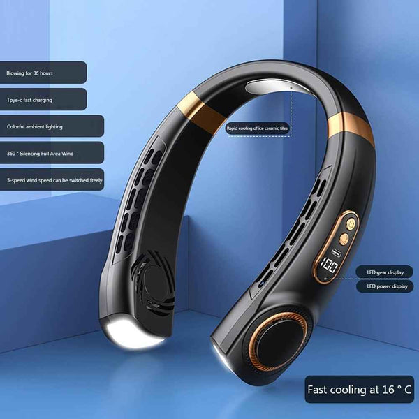 Hands-free neck fan with LED display, dark blue/black curved housing