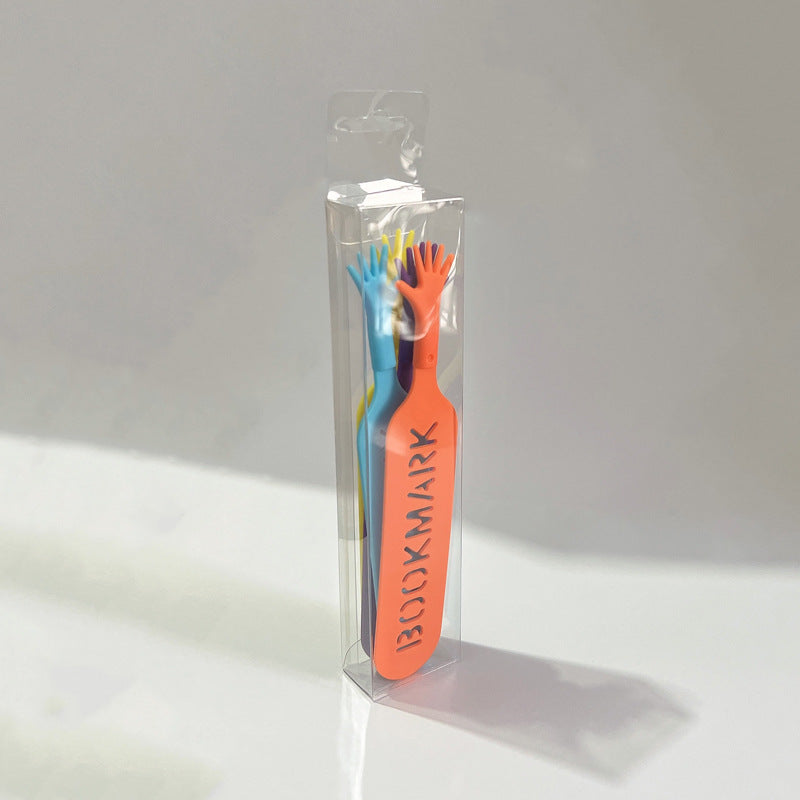 Orange four-finger bookmark in clear plastic sleeve with other colors