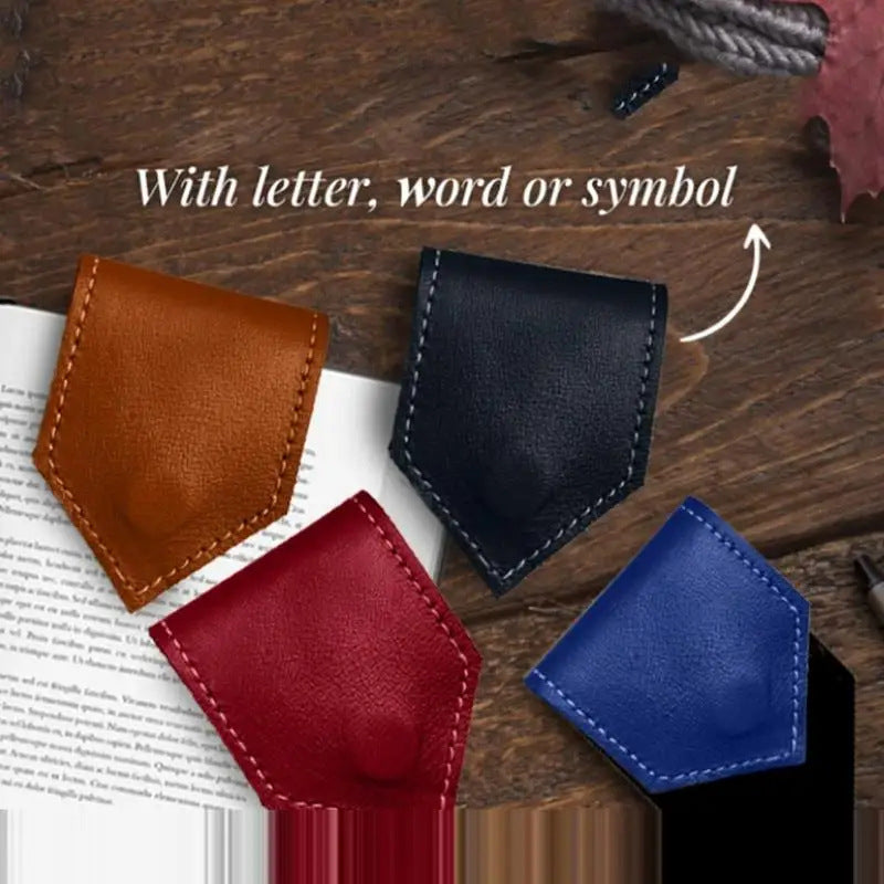 Diamond shaped leather magnetic bookmarks in brown, dark navy, wine red and blue.