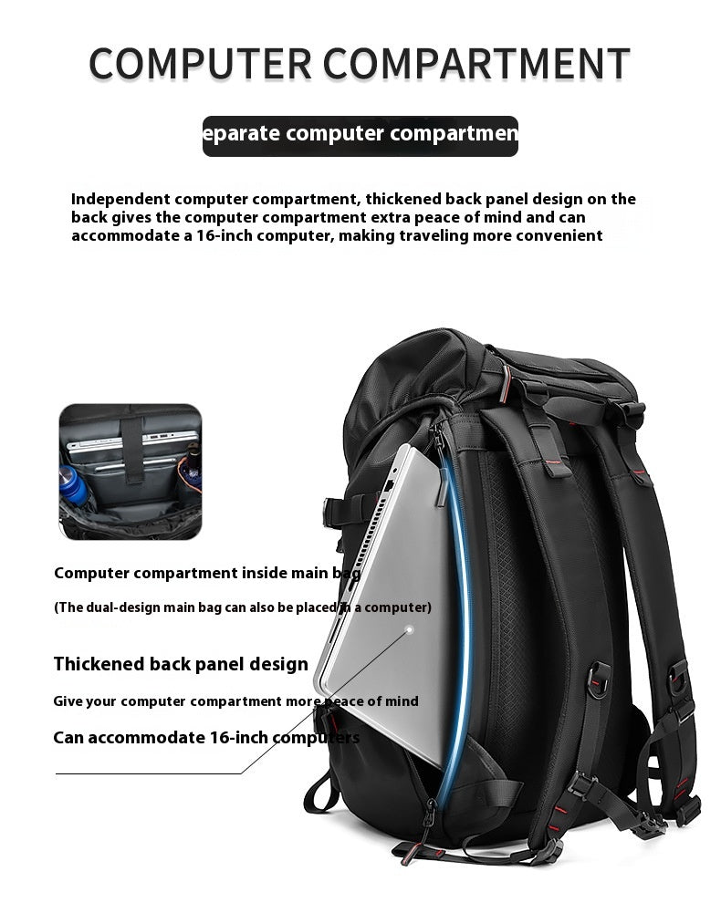 Black backpack with thickened back panel and open computer compartment layout