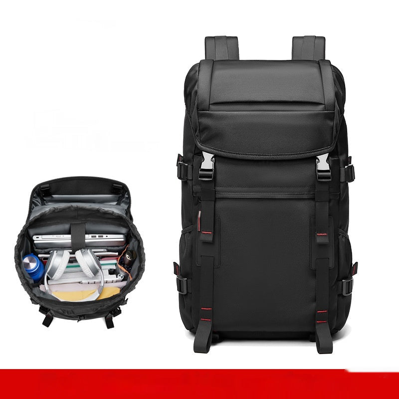 Black hiking backpack front view with inset showing open main compartment