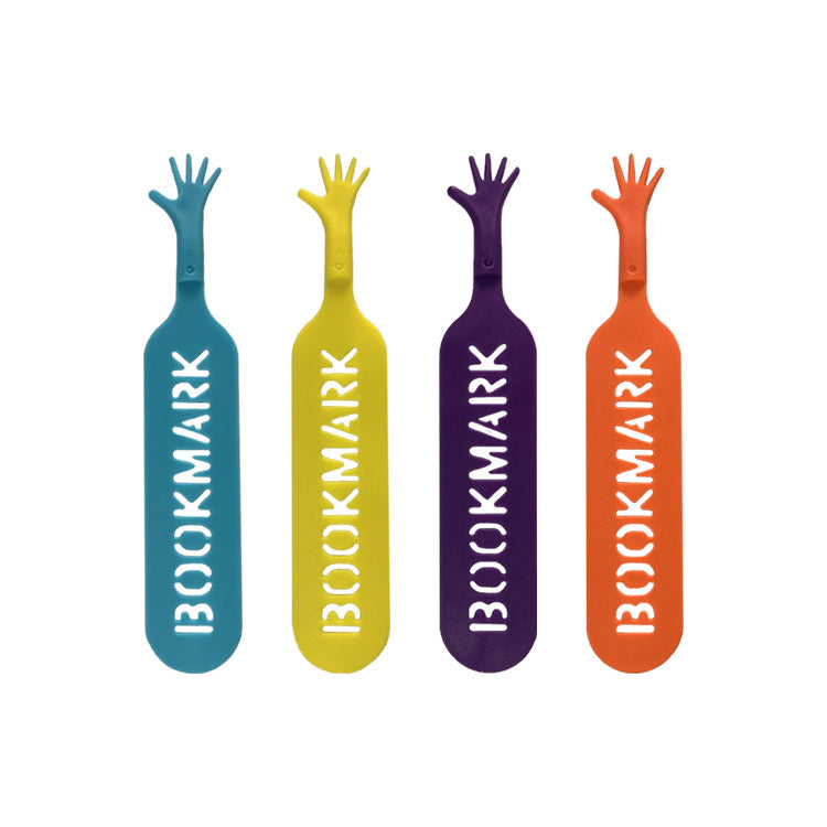 Set of four four-finger bookmarks in blue, yellow, purple, and orange