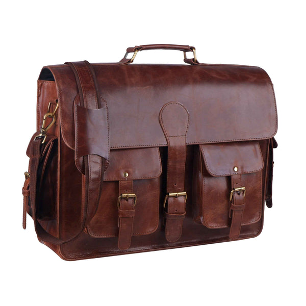 Vintage brown distressed leather messenger bag with top handle and flap front pockets