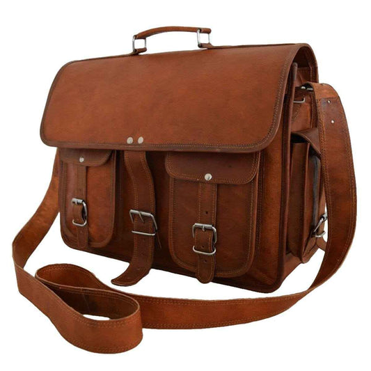 Full-grain leather messenger backpack with flap, front pockets, and adjustable shoulder strap