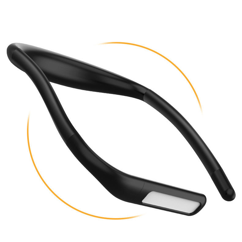Hands-free neck reading light in black with built-in LED bar, curved for reading.