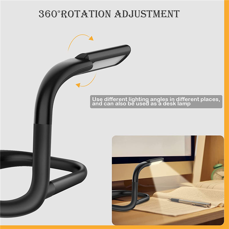 Hands-free neck reading light with 360-degree rotation adjustment, black flexible neck.