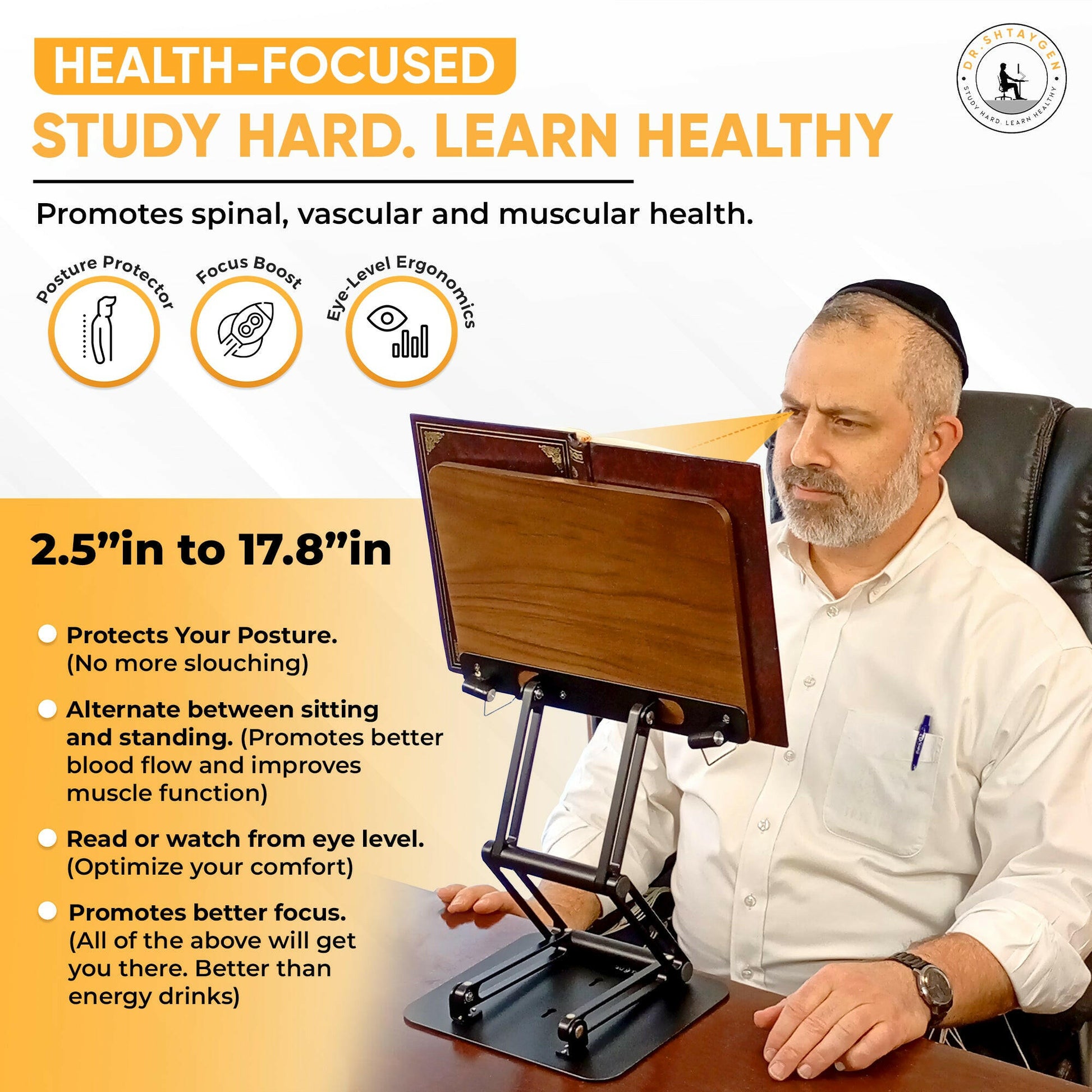 Ergonomic adjustable book holder and stand for laptop, cookbook, textbook use, enhancing comfort and productivity