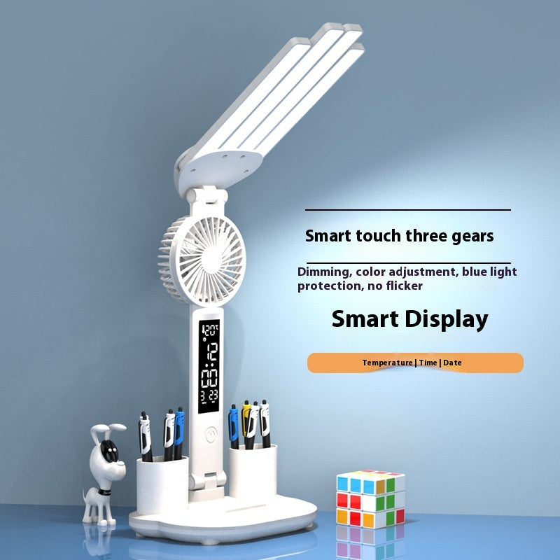 White desk lamp with folding LED arms and fan, digital smart display for temperature/time/date
