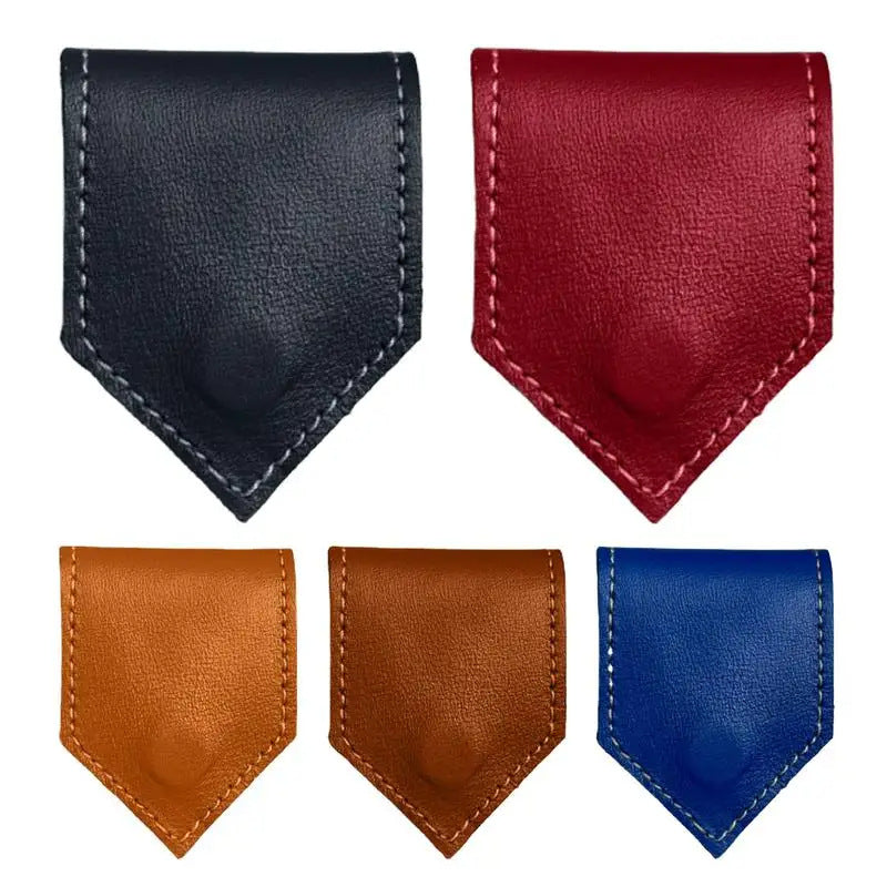Set of diamond shaped leather magnetic bookmarks in navy, wine red, brown and blue.