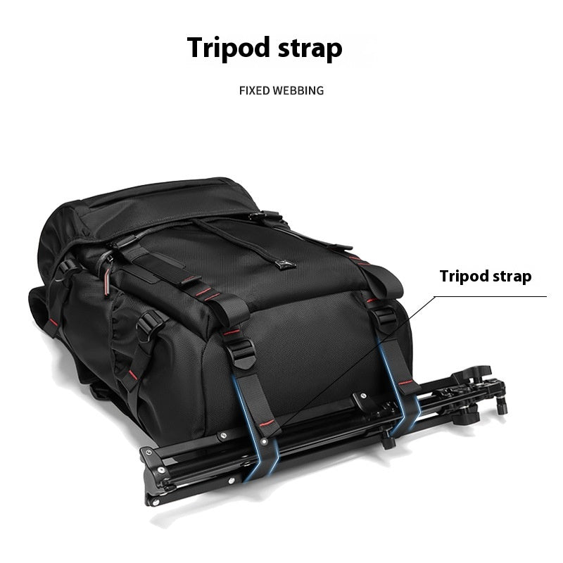 Black backpack with tripod strap attachment and sturdy base