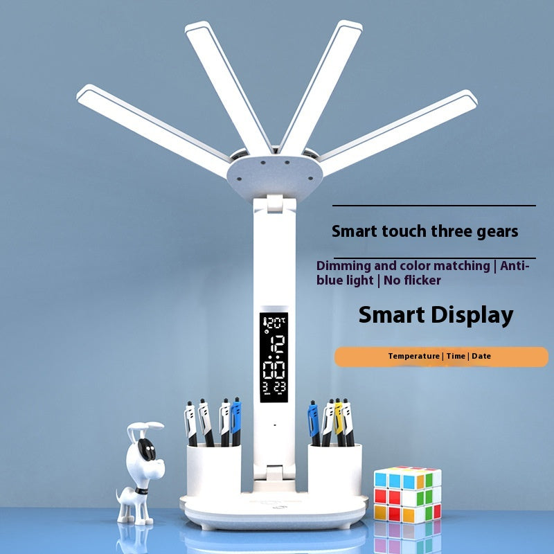 4-headed LED desk lamp with digital clock/calendar display and pen holder stand