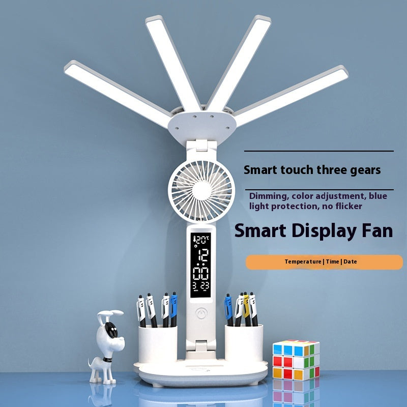 4-headed LED desk lamp with front fan grille and digital clock/calendar display