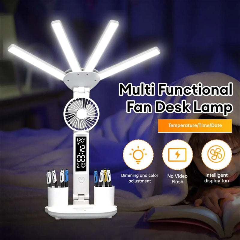 White multi-function desk lamp with folding LED arms and fan, dimming control and digital display