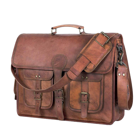 Men’s leather briefcase with top handle, flap closure, and front organizer pockets