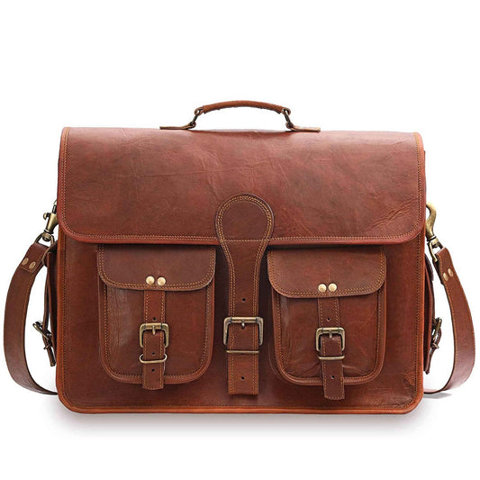 Brown leather messenger bag with front flap, two pockets, and metal buckle closures
